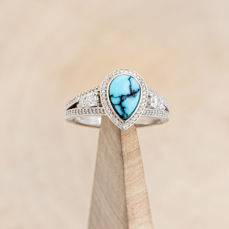 "SOFIA" - BRIDAL SUITE - PEAR SHAPED TURQUOISE ENGAGEMENT RING WITH DIAMOND HALO & TRACERS-43