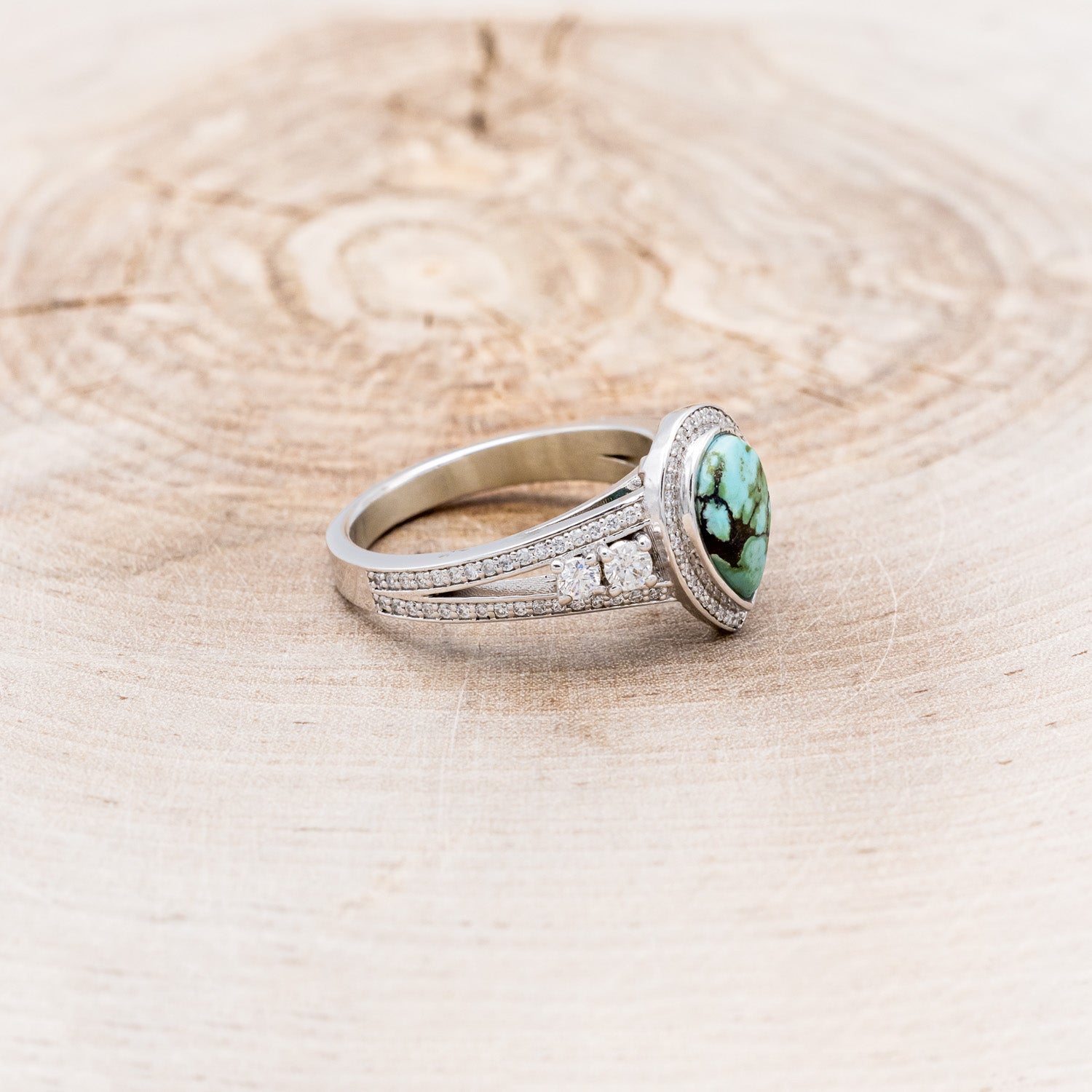 "SOFIA" - PEAR-SHAPED TURQUOISE ENGAGEMENT RING WITH DIAMOND HALO & ACCENTS-14