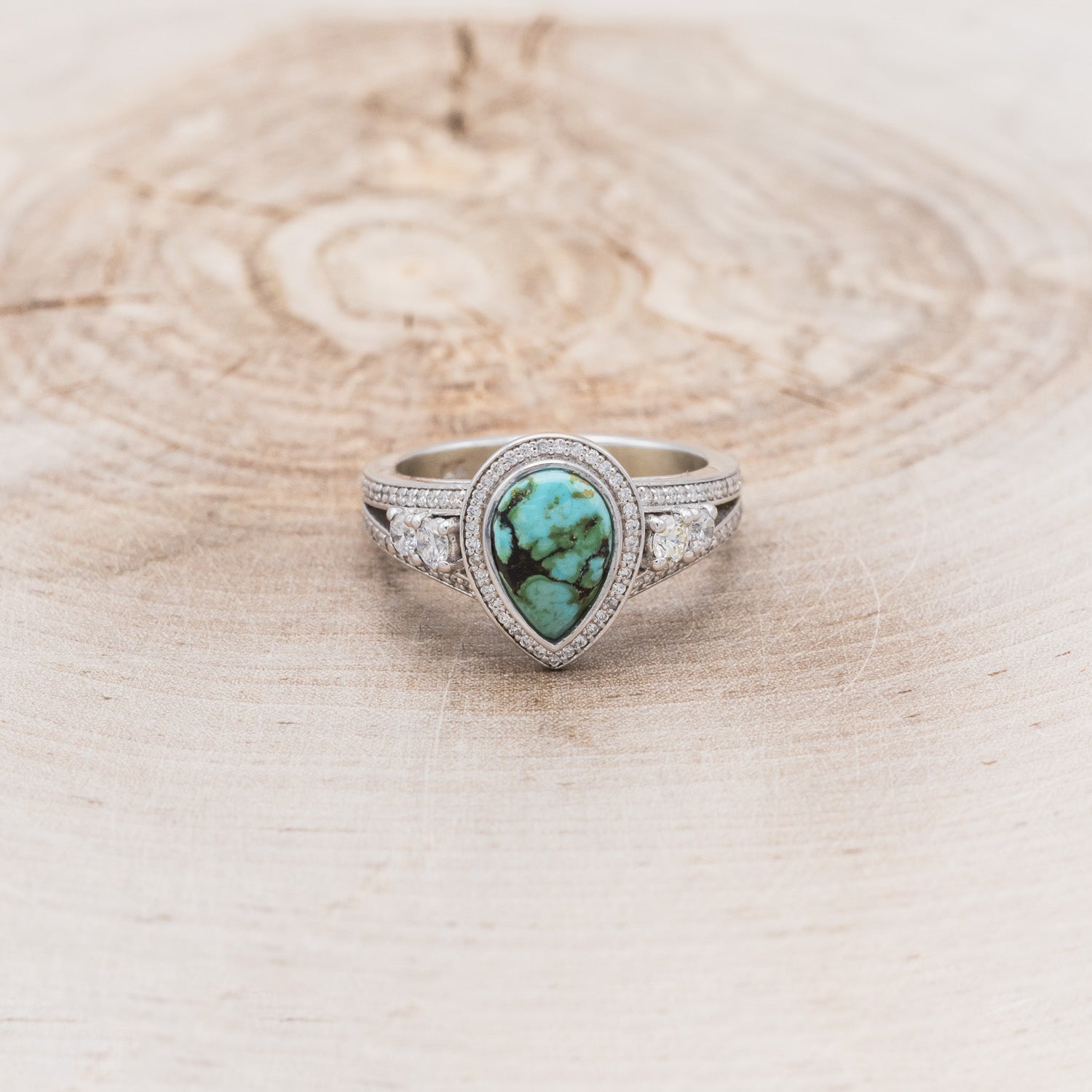 "SOFIA" - PEAR-SHAPED TURQUOISE ENGAGEMENT RING WITH DIAMOND HALO & ACCENTS-16