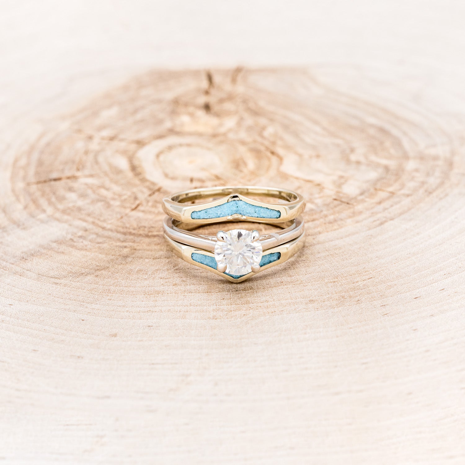 ROUND CUT MOISSANITE SOLITAIRE ENGAGEMENT RING WITH "ZUNI" TURQUOISE RING GUARD-4
