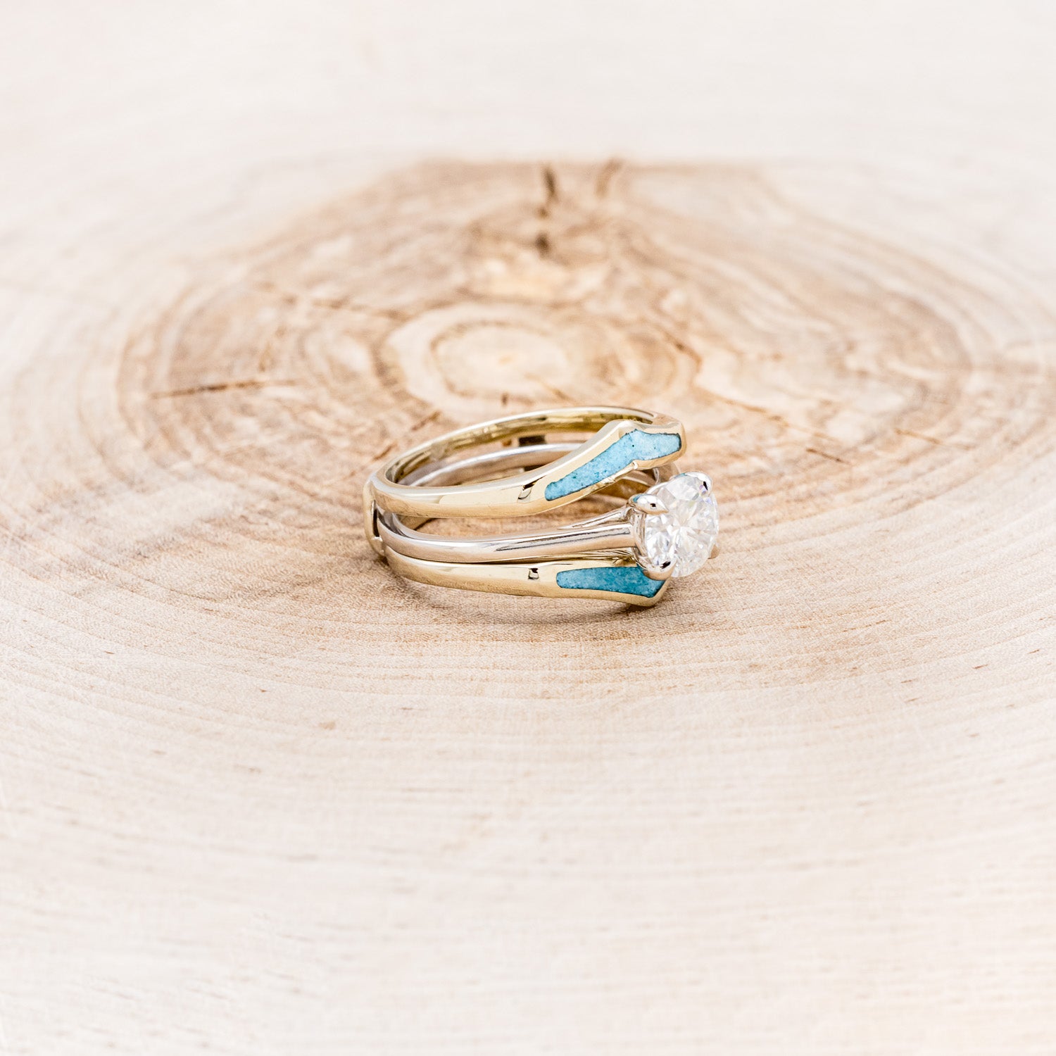 ROUND CUT MOISSANITE SOLITAIRE ENGAGEMENT RING WITH "ZUNI" TURQUOISE RING GUARD-2