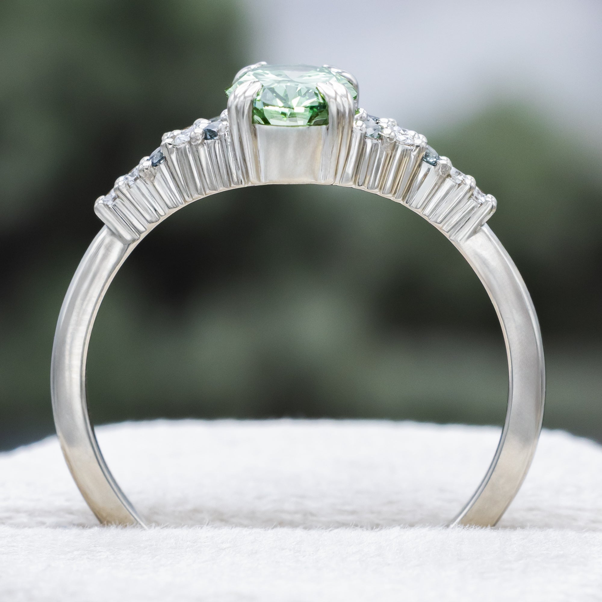 "Soluna" - Engagement Ring Featuring Montana Sapphire & Diamond Accents With Crescent Moissanite Ring Guard - Select Your Own Stone-Staghead Designs