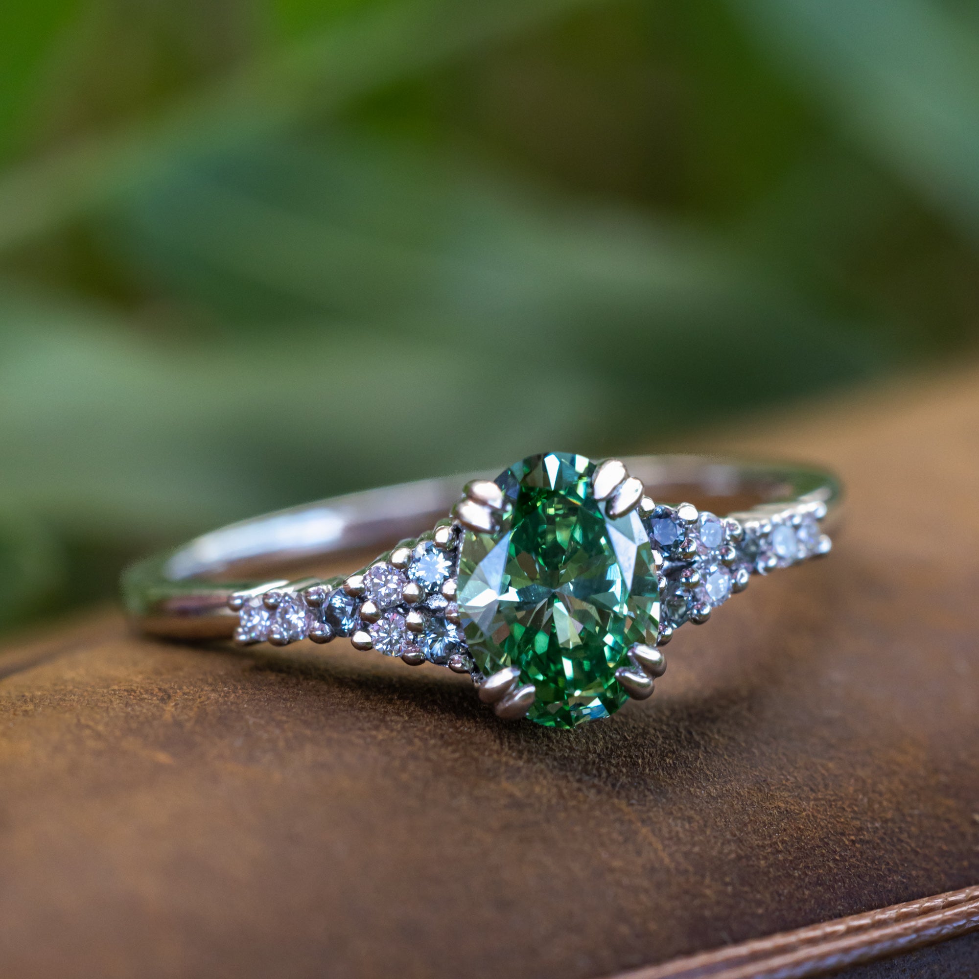 "Soluna" - Engagement Ring Featuring Montana Sapphire & Diamond Accents With Crescent Moissanite Ring Guard - Select Your Own Stone-Staghead Designs