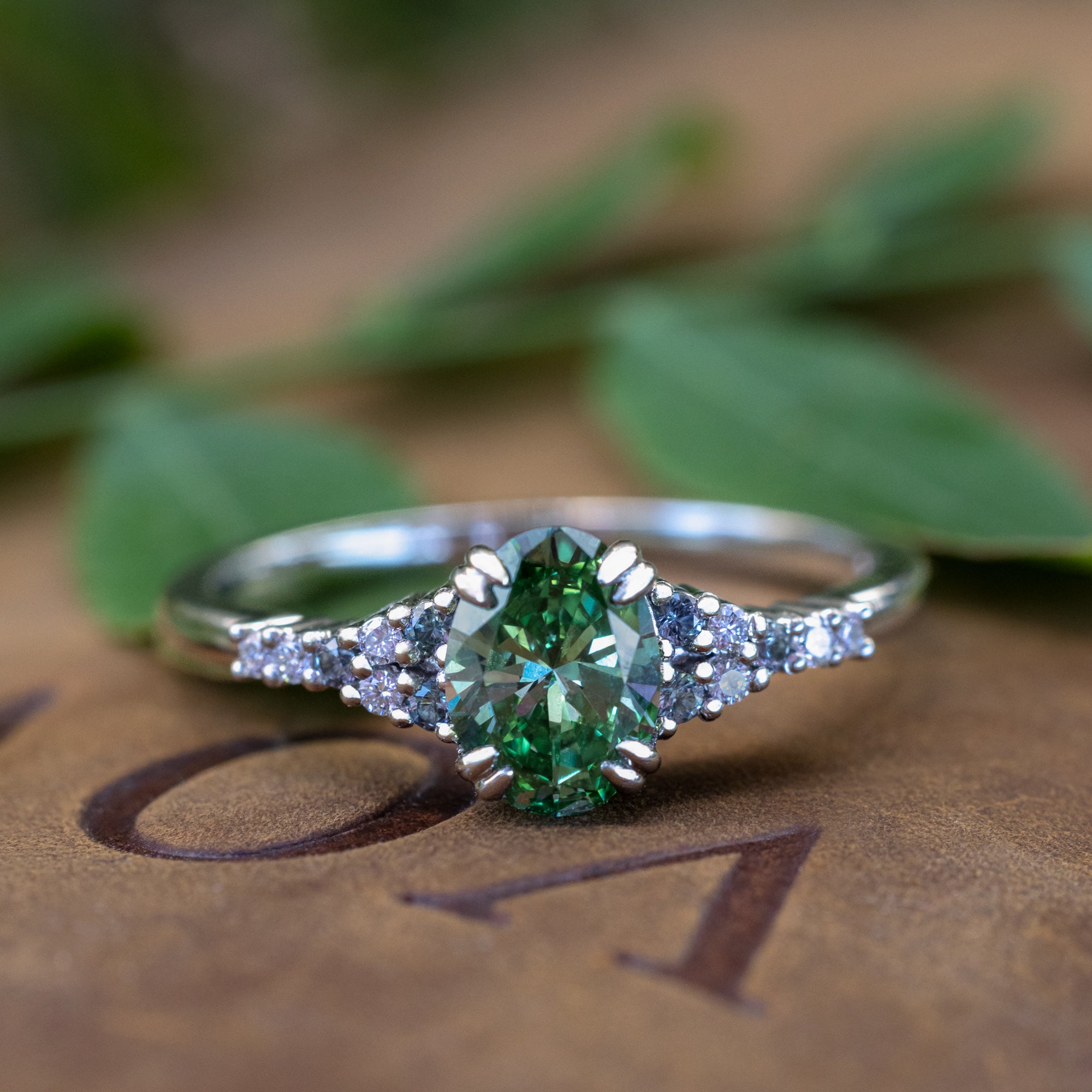 "Soluna" - Engagement Ring Featuring Montana Sapphire & Diamond Accents With Crescent Moissanite Ring Guard - Select Your Own Stone-Staghead Designs