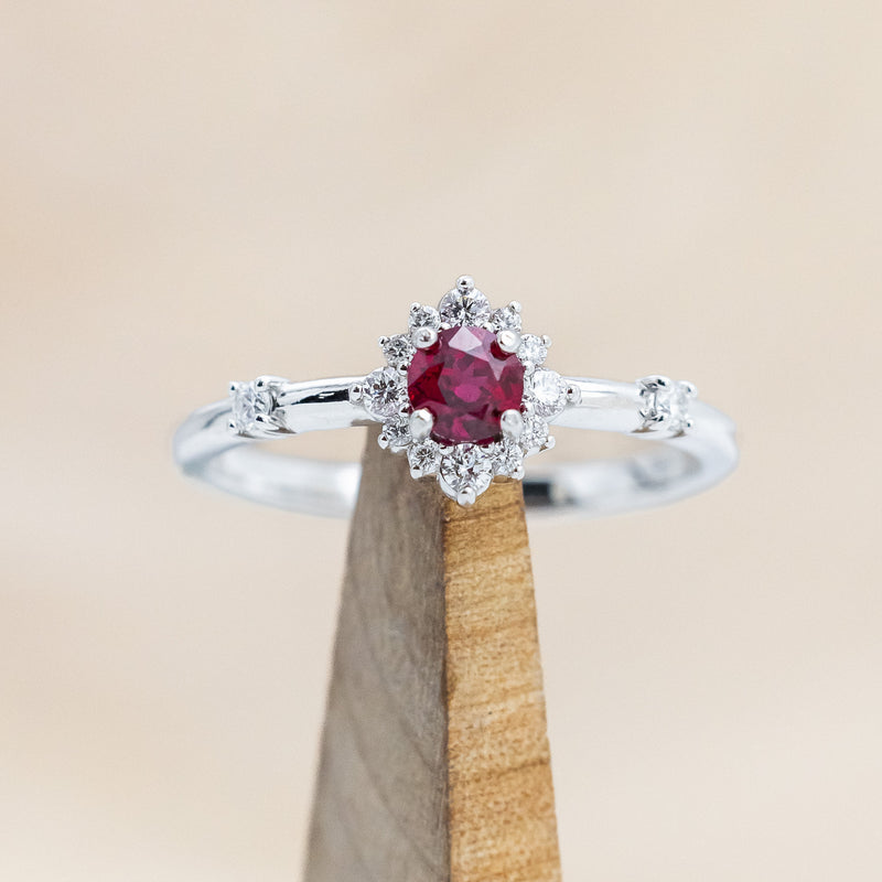 "STARLA" - ROUND CUT LAB-GROWN RUBY ENGAGEMENT RING WITH STARBURST DIAMOND HALO-Staghead Designs