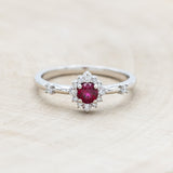 "STARLA" - ROUND CUT LAB-GROWN RUBY ENGAGEMENT RING WITH STARBURST DIAMOND HALO-Staghead Designs