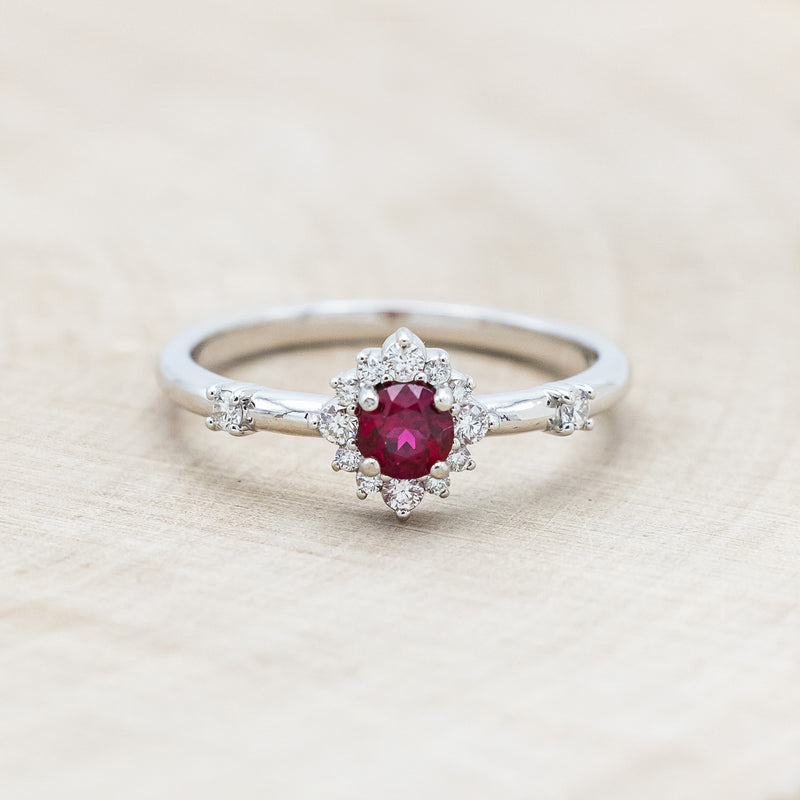 "STARLA" - ROUND CUT LAB-GROWN RUBY ENGAGEMENT RING WITH STARBURST DIAMOND HALO-Staghead Designs