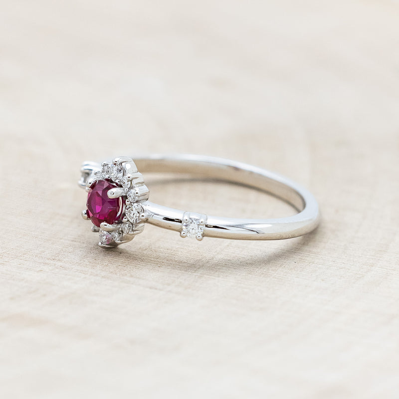 "STARLA" - ROUND CUT LAB-GROWN RUBY ENGAGEMENT RING WITH STARBURST DIAMOND HALO-Staghead Designs