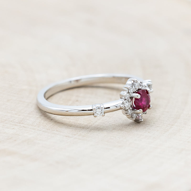 "STARLA" - ROUND CUT LAB-GROWN RUBY ENGAGEMENT RING WITH STARBURST DIAMOND HALO-Staghead Designs