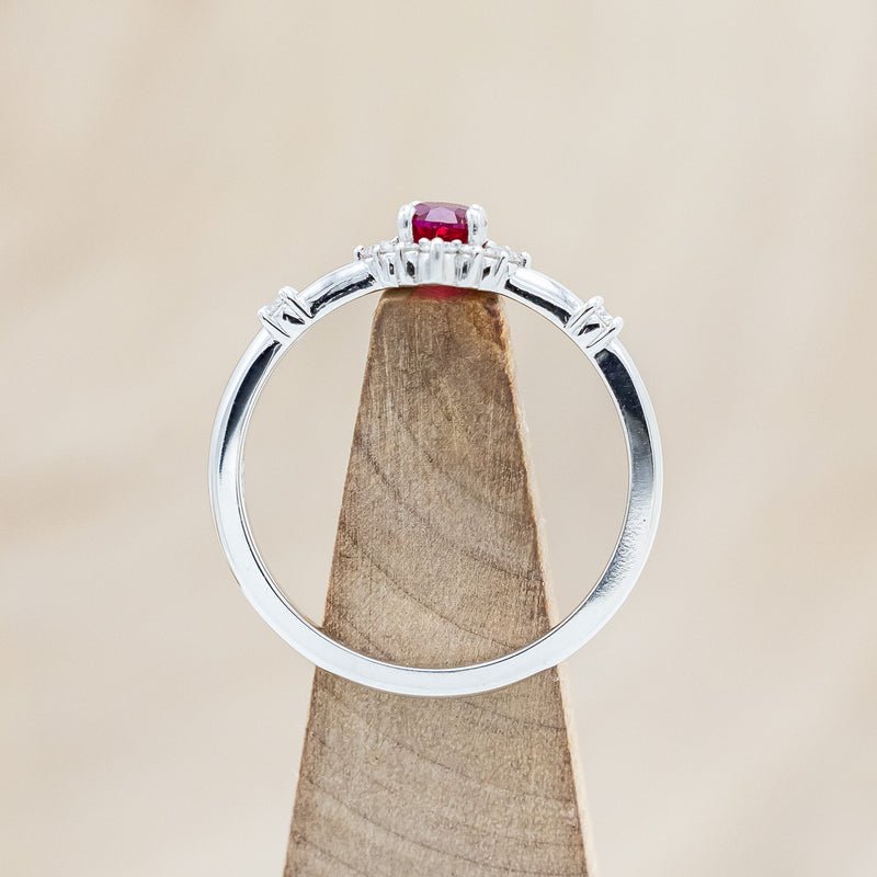 "STARLA" - ROUND CUT LAB-GROWN RUBY ENGAGEMENT RING WITH STARBURST DIAMOND HALO-Staghead Designs