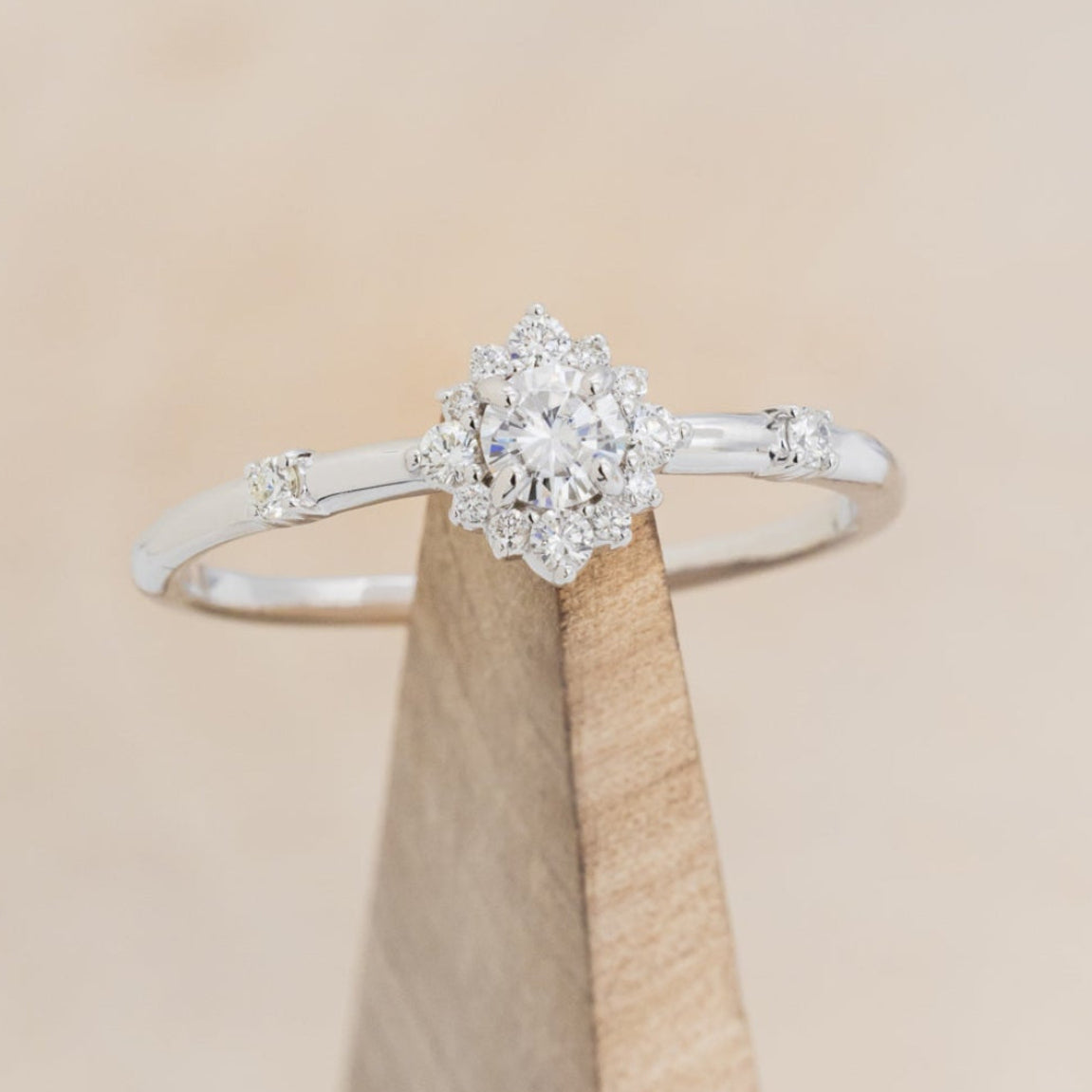 "STARLA" - ROUND CUT MOISSANITE ENGAGEMENT RING WITH STARBURST DIAMOND HALO-7