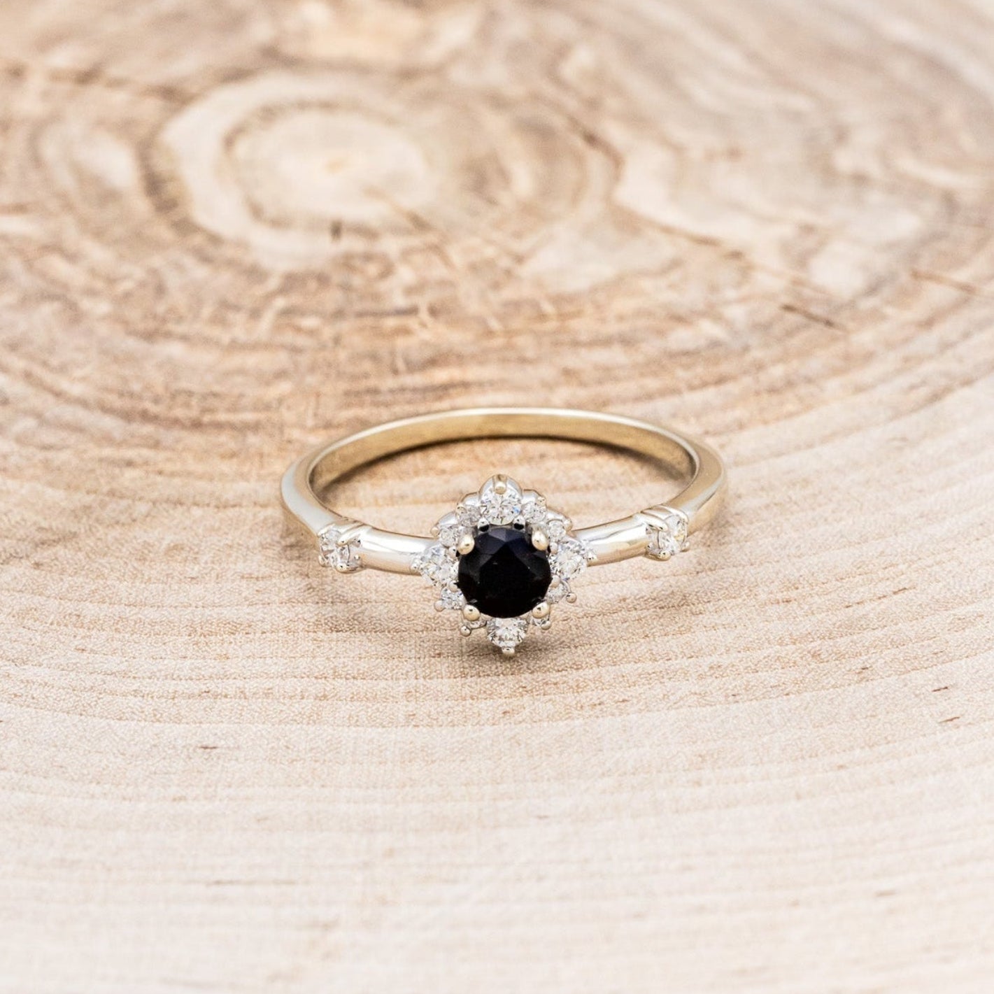 "STARLA" - ROUND CUT ONYX ENGAGEMENT RING WITH STARBURST DIAMOND HALO-4