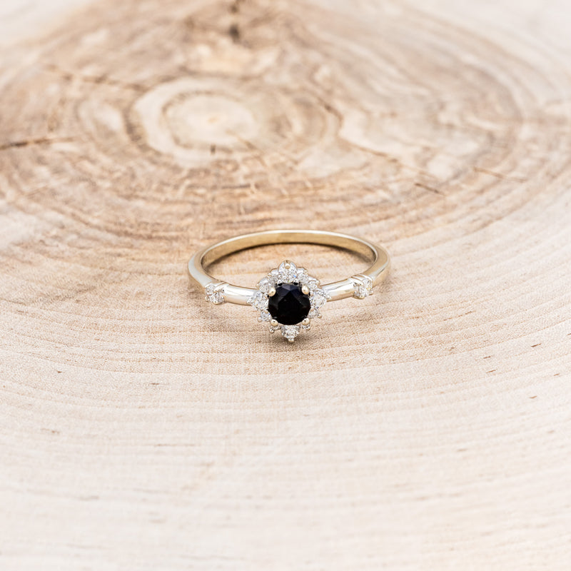 "STARLA" - ROUND CUT ONYX ENGAGEMENT RING WITH STARBURST DIAMOND HALO-4