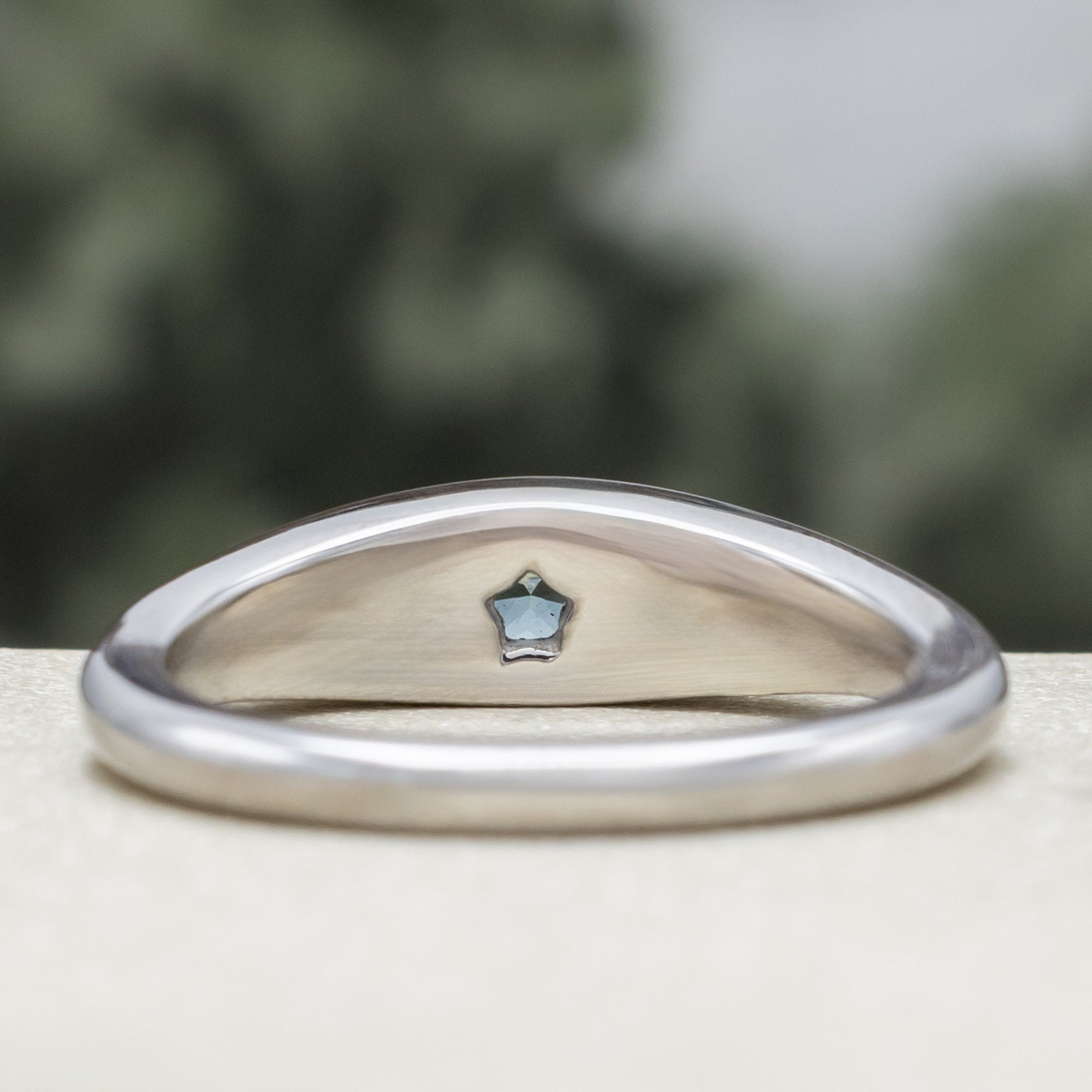 White gold ring with star shaped sapphire against a blurred green background