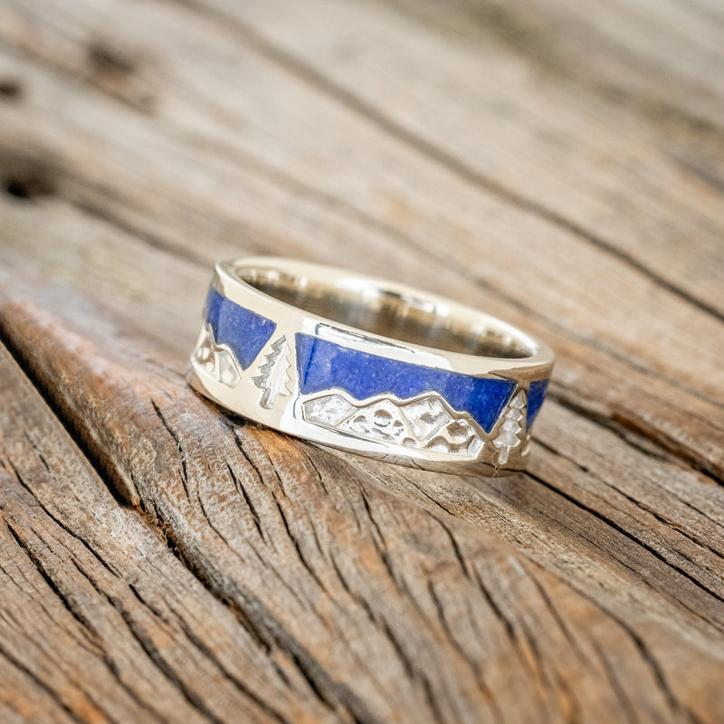 "SUMMIT" - MOUNTAIN RANGE ENGRAVED WEDDING RING WITH LAPIS LAZULI INLAYS