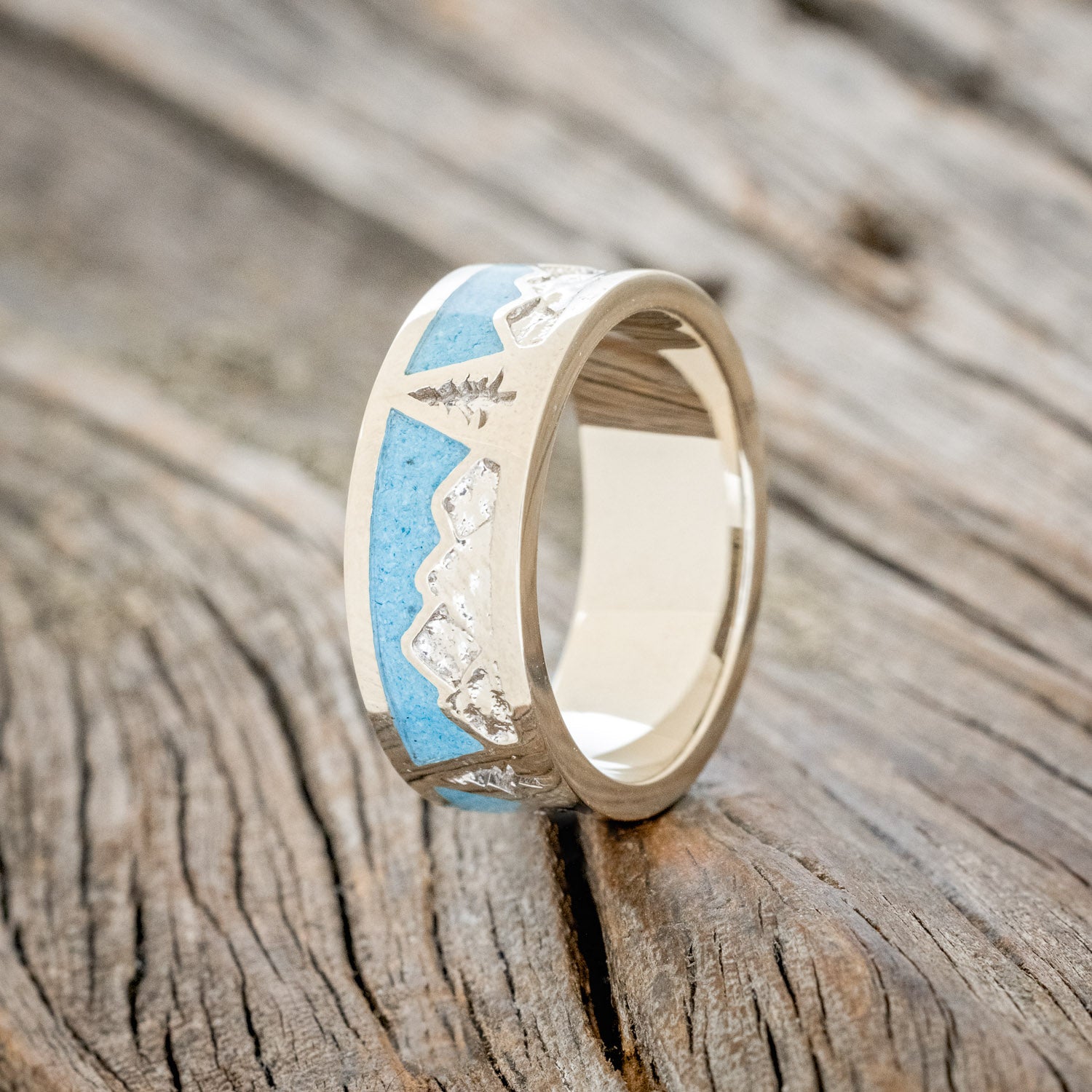 "SUMMIT" - MOUNTAIN RANGE ENGRAVED WEDDING RING WITH TURQUOISE INLAYS-7