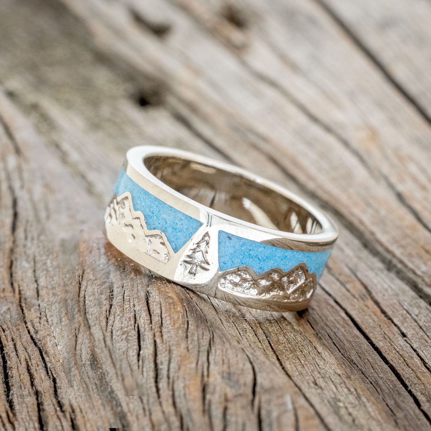 "SUMMIT" - MOUNTAIN RANGE ENGRAVED WEDDING RING WITH TURQUOISE INLAYS-8