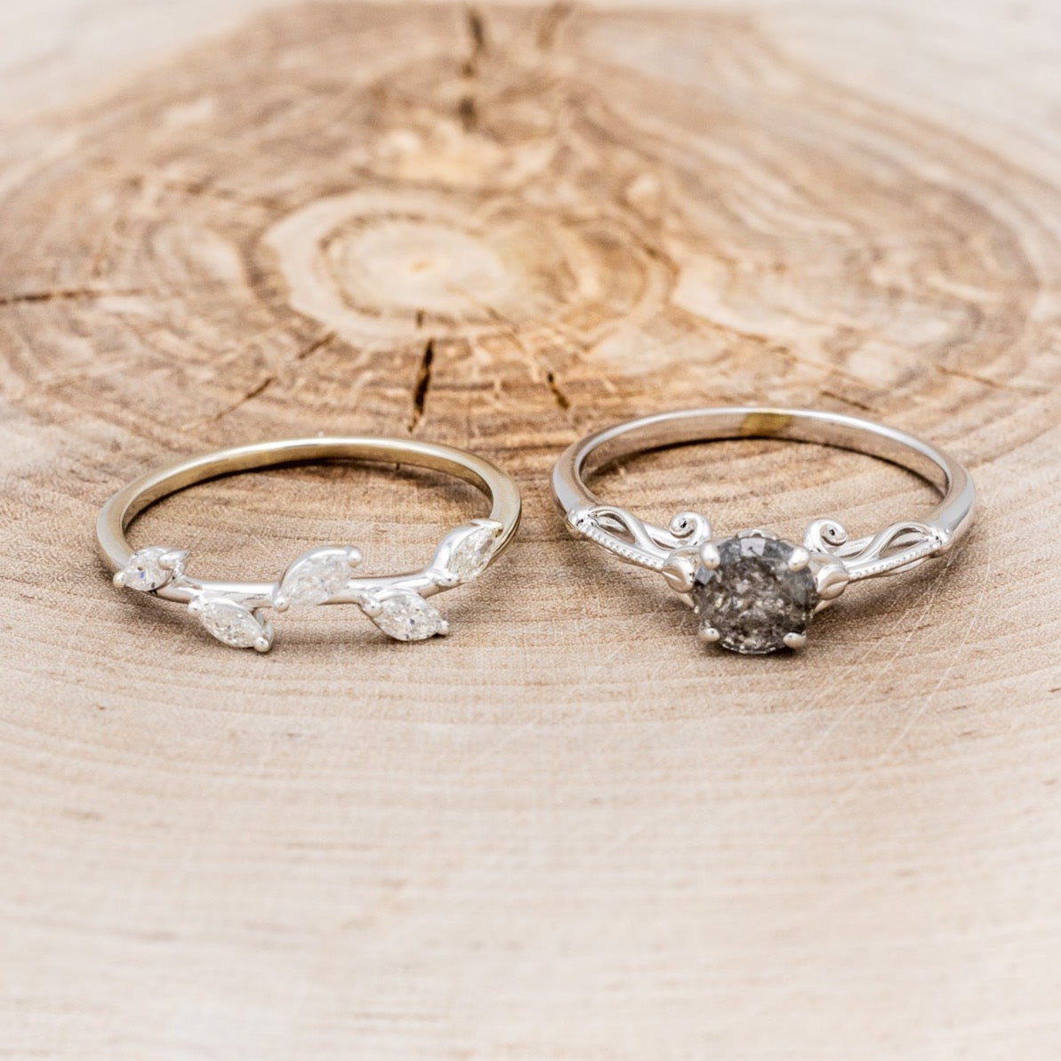 "ROSEMARY" - ENGAGEMENT RING WITH FLORAL DIAMOND STACKING BAND - MOUNTING ONLY - SELECT YOUR OWN STONE-17