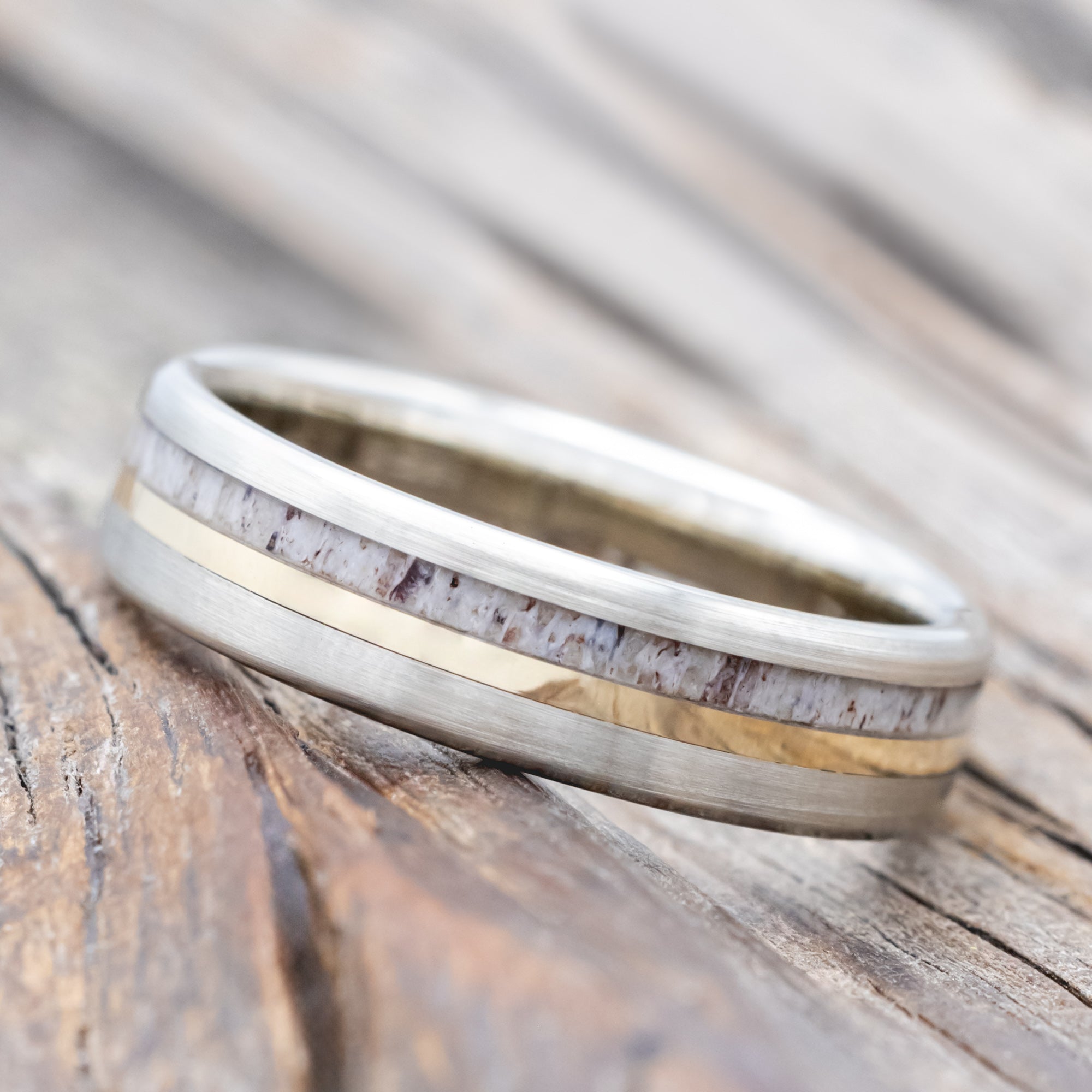 "TANNER" - ANTLER & 14K GOLD INLAY WEDDING BAND WITH A BRUSHED FINISH-Staghead Designs
