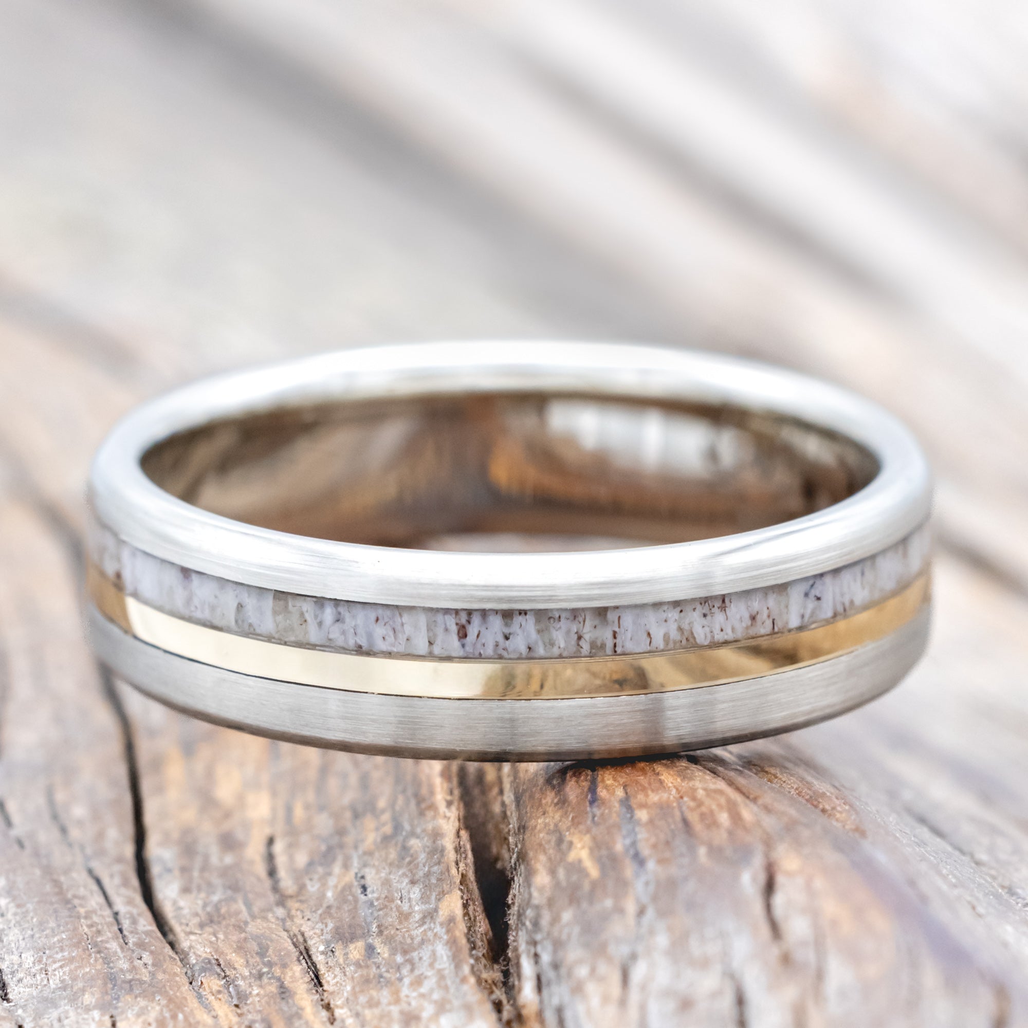 "TANNER" - ANTLER & 14K GOLD INLAY WEDDING BAND WITH A BRUSHED FINISH-Staghead Designs
