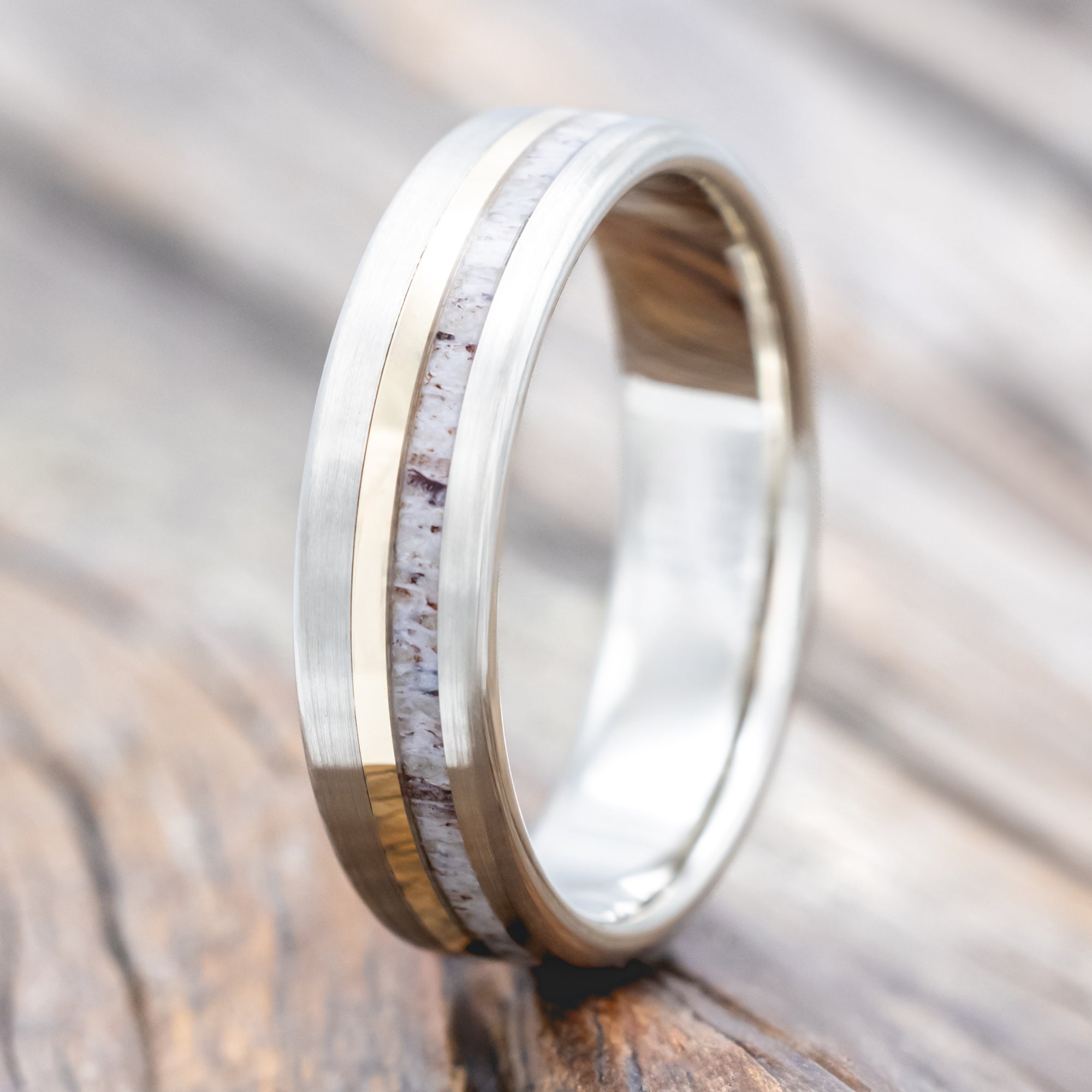 "TANNER" - ANTLER & 14K GOLD INLAY WEDDING BAND WITH A BRUSHED FINISH-Staghead Designs