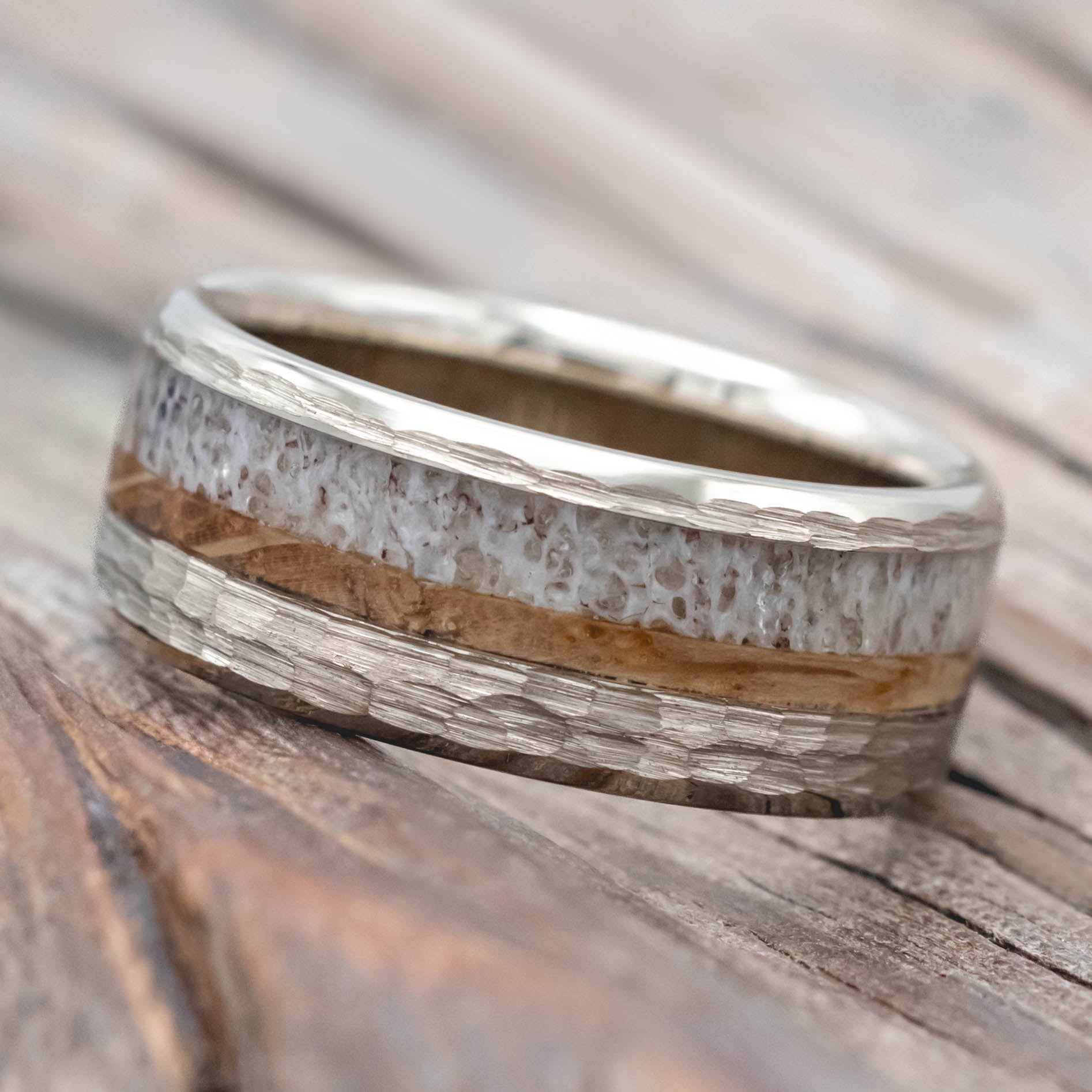 "TANNER" - WHISKEY BARREL OAK & ANTLER WEDDING BAND WITH A HAMMERED FINISH-Staghead Designs