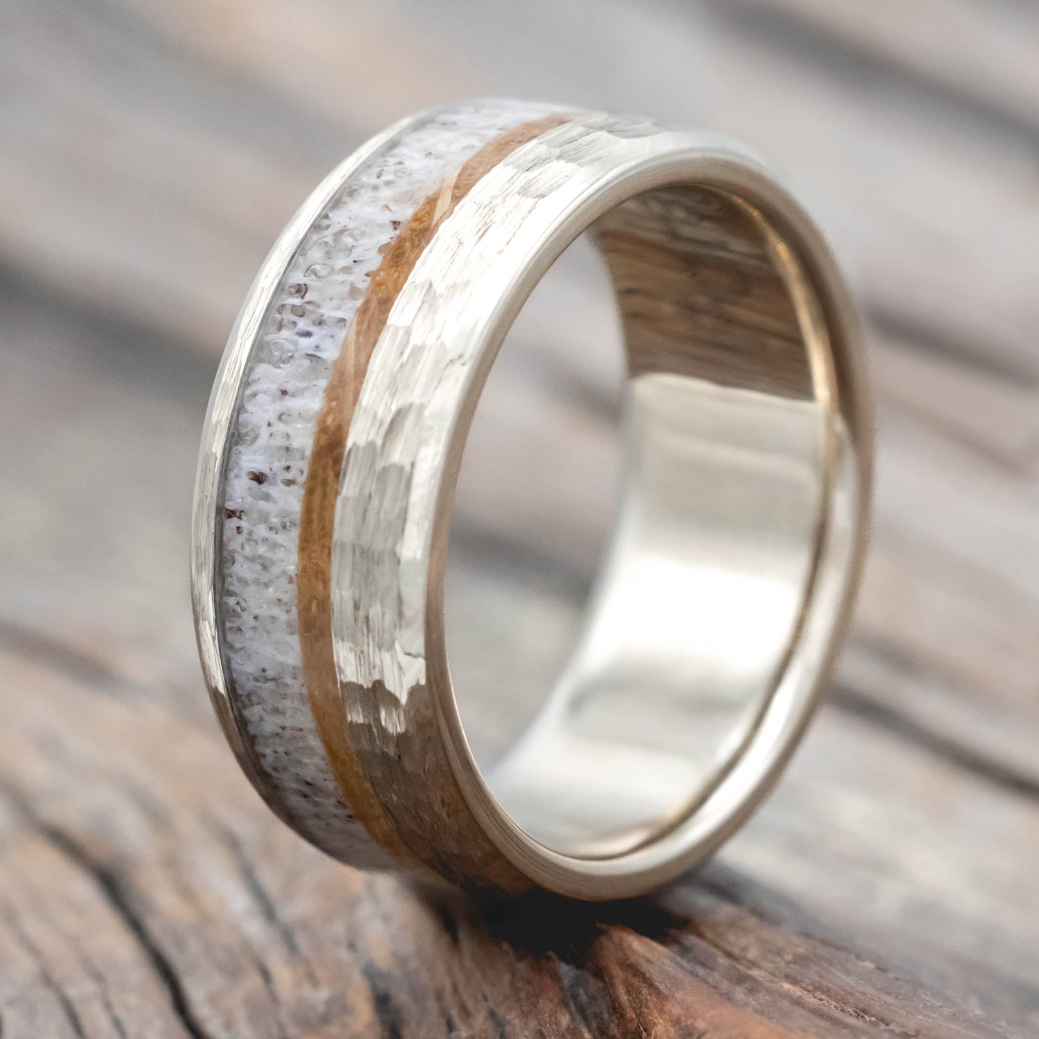 "TANNER" - WHISKEY BARREL OAK & ANTLER WEDDING BAND WITH A HAMMERED FINISH-Staghead Designs