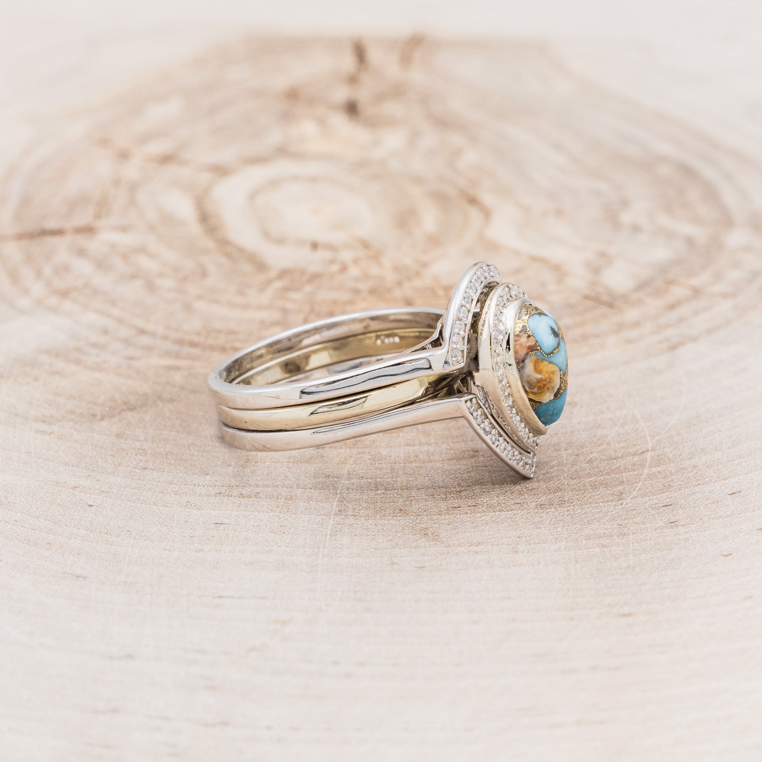 "TERRA" BRIDAL SUITE - PEAR-SHAPED TURQUOISE ENGAGEMENT RING WITH DIAMOND HALO & TRACERS-2