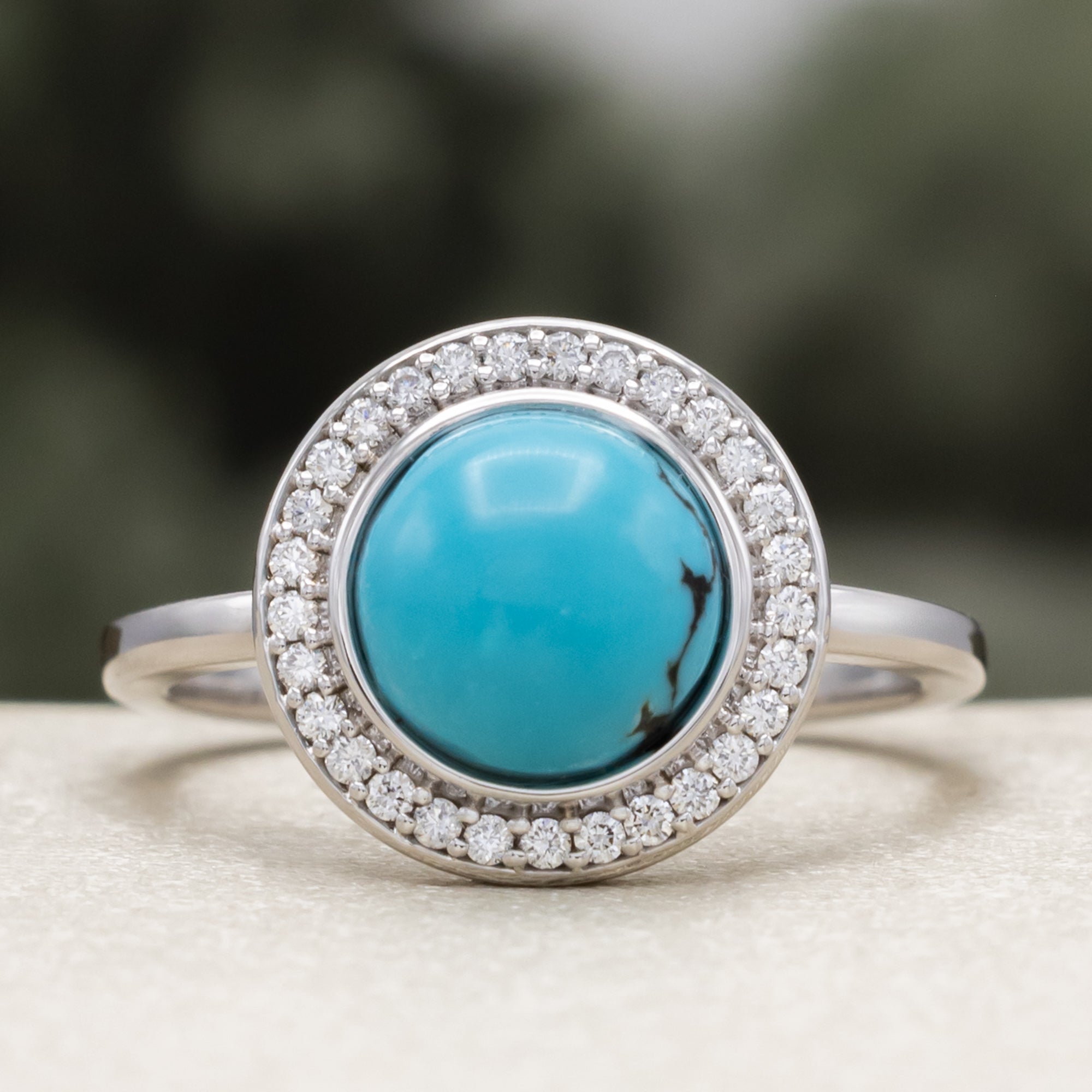 "Terra" - Bridal Suite - Round Cabochon Cut Turquoise Engagement Ring With Diamond Halo & Sama Tracers-Staghead Designs