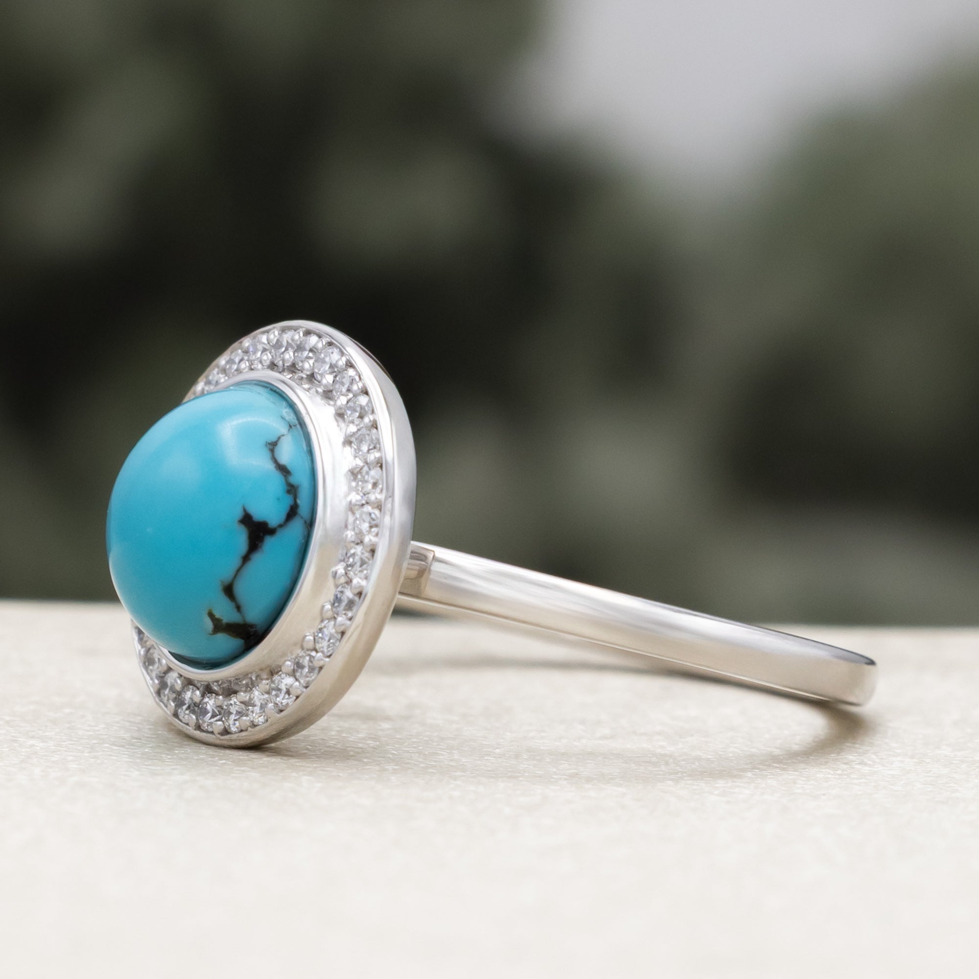 "Terra" - Bridal Suite - Round Cabochon Cut Turquoise Engagement Ring With Diamond Halo & Sama Tracers-Staghead Designs