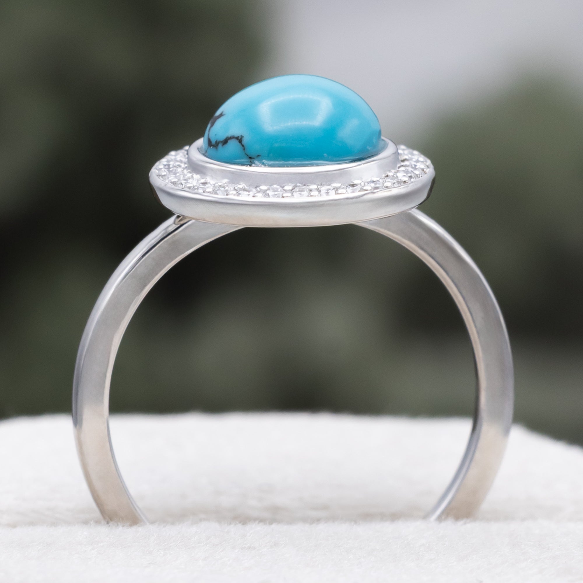 "Terra" - Bridal Suite - Round Cabochon Cut Turquoise Engagement Ring With Diamond Halo & Sama Tracers-Staghead Designs