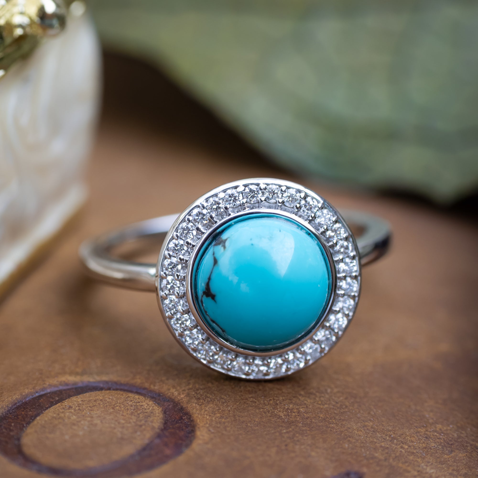 "Terra" - Bridal Suite - Round Cabochon Cut Turquoise Engagement Ring With Diamond Halo & Sama Tracers-Staghead Designs