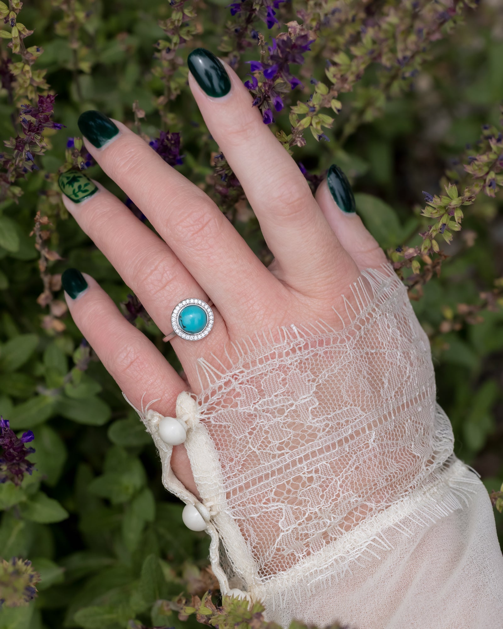 "Terra" - Bridal Suite - Round Cabochon Cut Turquoise Engagement Ring With Diamond Halo & Sama Tracers-Staghead Designs
