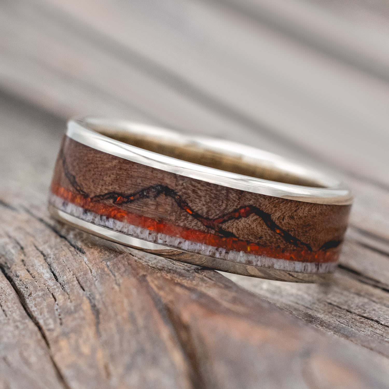 "THE EXPEDITION" - MOUNTAIN ENGRAVED WEDDING RING WITH DARK MAPLE, RED OPAL & ANTLER-Staghead Designs