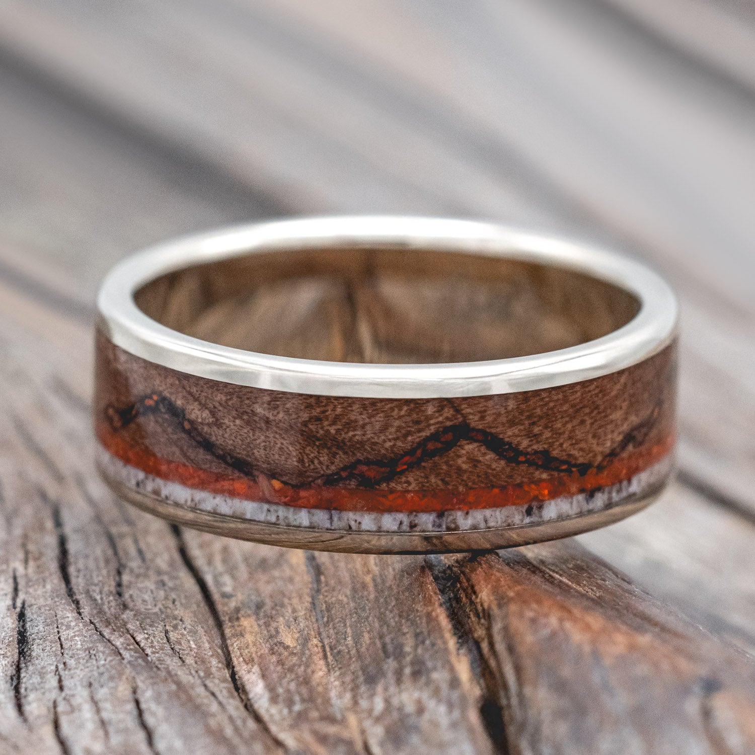 "THE EXPEDITION" - MOUNTAIN ENGRAVED WEDDING RING WITH DARK MAPLE, RED OPAL & ANTLER-Staghead Designs