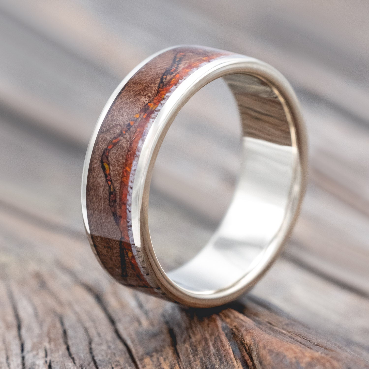 "THE EXPEDITION" - MOUNTAIN ENGRAVED WEDDING RING WITH DARK MAPLE, RED OPAL & ANTLER-Staghead Designs