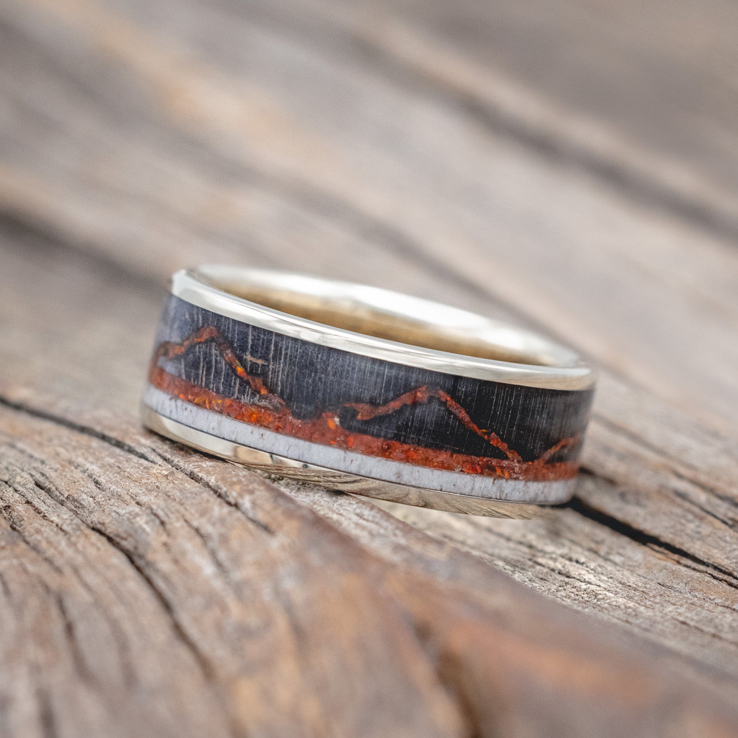 "THE EXPEDITION" - MOUNTAIN ENGRAVED WEDDING RING WITH DARK MAPLE, RED OPAL & ANTLER-Staghead Designs