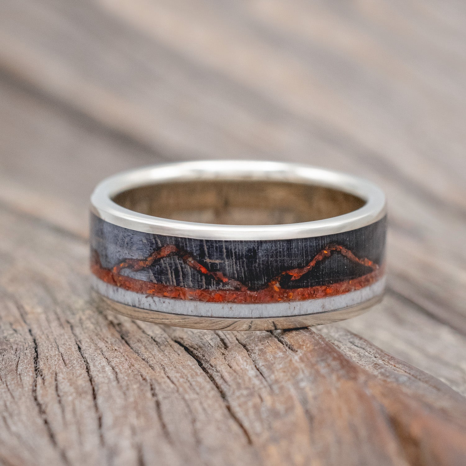 "THE EXPEDITION" - MOUNTAIN ENGRAVED WEDDING RING WITH DARK MAPLE, RED OPAL & ANTLER-Staghead Designs
