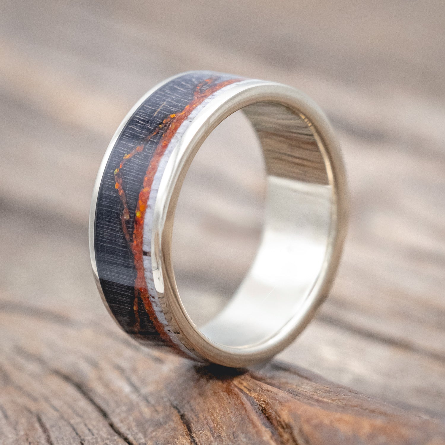 "THE EXPEDITION" - MOUNTAIN ENGRAVED WEDDING RING WITH DARK MAPLE, RED OPAL & ANTLER-Staghead Designs
