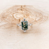 "TREVA" - EMERALD CUT MOSS AGATE ENGAGEMENT RING WITH DIAMOND ACCENTS & A SCALLOPED BAND-4