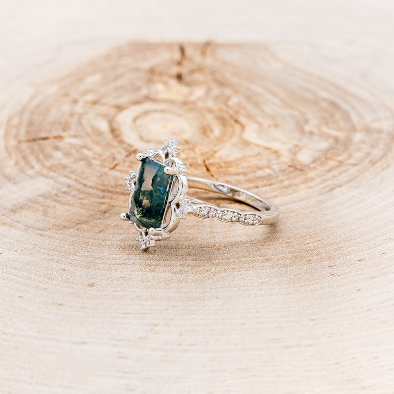 "TREVA" - EMERALD CUT MOSS AGATE ENGAGEMENT RING WITH DIAMOND ACCENTS & A SCALLOPED BAND-3