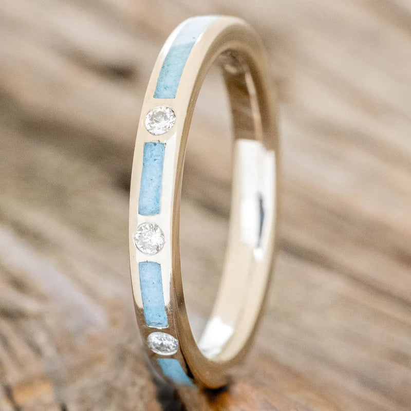 Diamond Stacking Band With Turquoise Inlays - 14K White Gold - Size 7