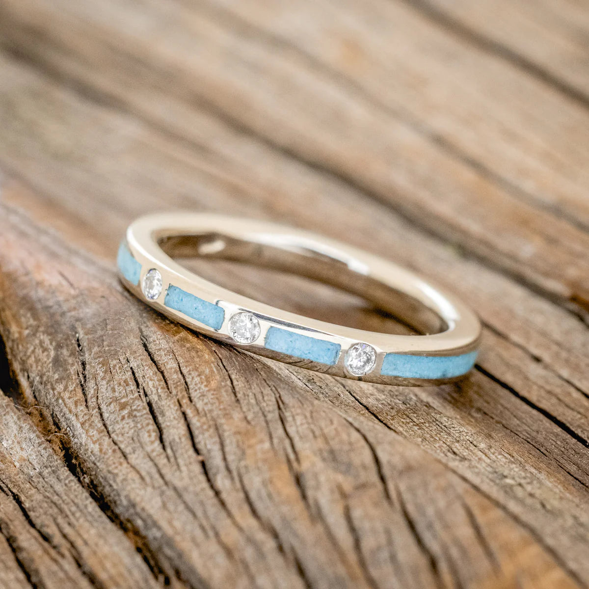 Diamond Stacking Band With Turquoise Inlays - 14K White Gold - Size 7