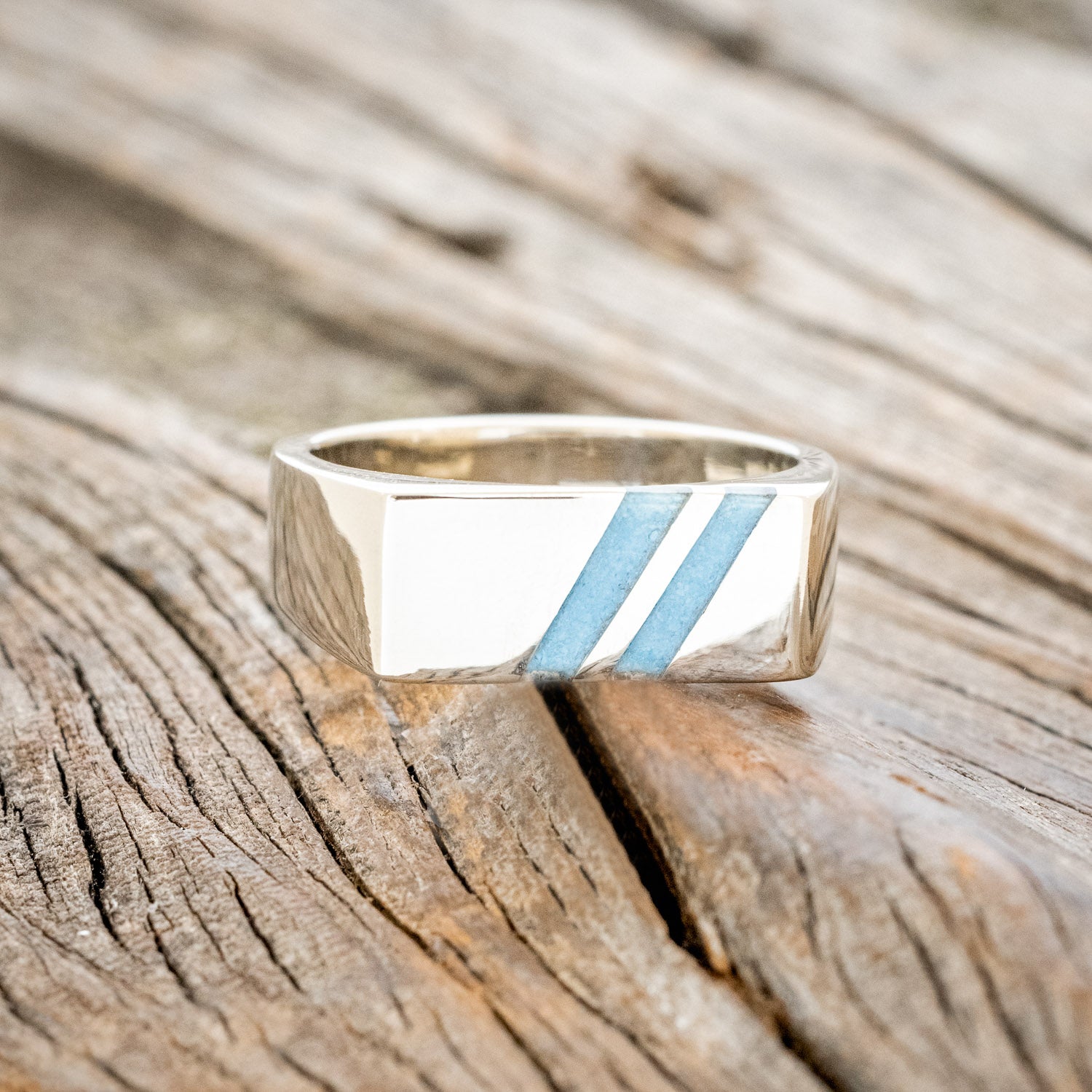 "TWAIN" - FLAT TOP WEDDING RING FEATURING DIAGONAL TURQUOISE INLAYS-7