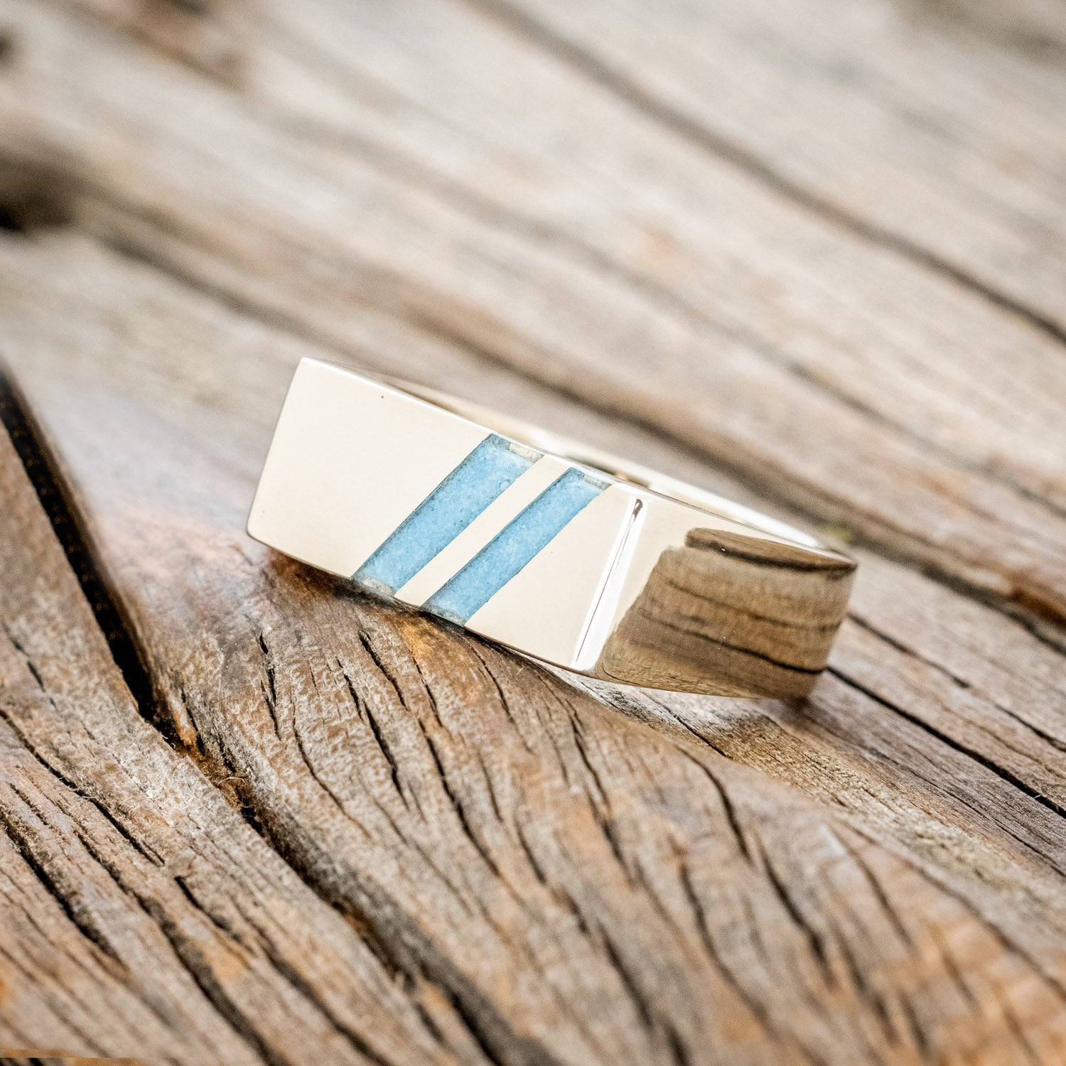 "TWAIN" - FLAT TOP WEDDING RING FEATURING DIAGONAL TURQUOISE INLAYS-6