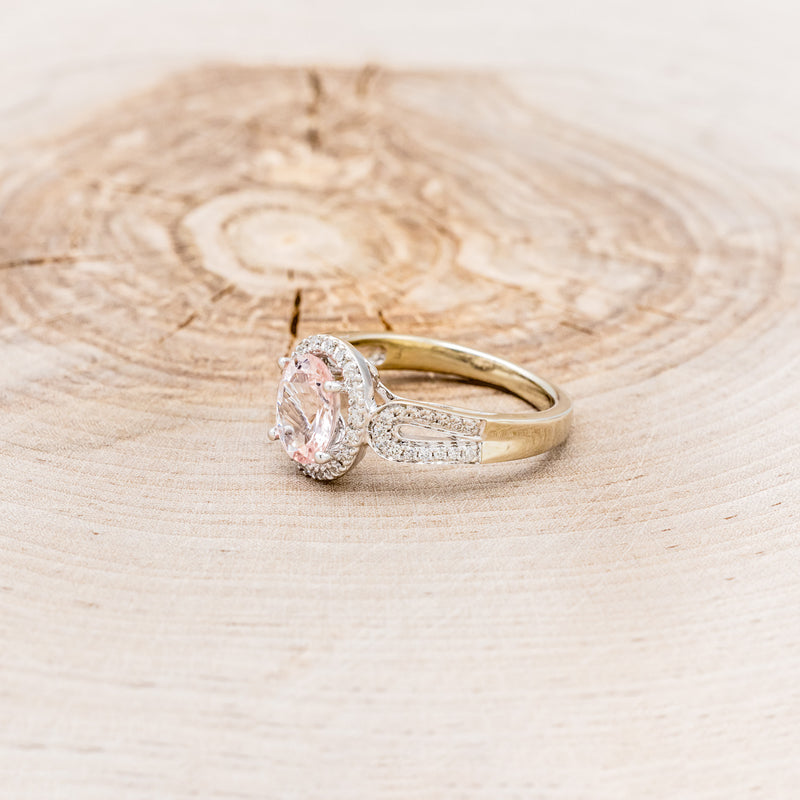 "TIANA" - OVAL MORGANITE ENGAGEMENT RING WITH DIAMOND HALO & ACCENTS