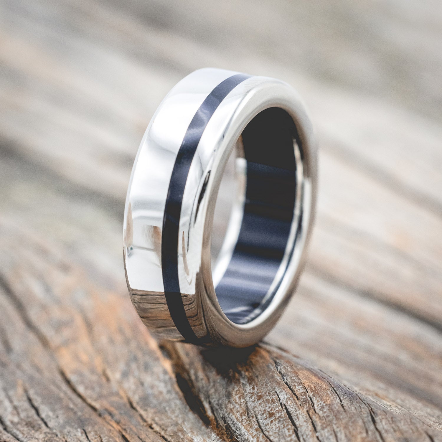 "VERTIGO" - JET STONE LINING & INLAY WEDDING BAND FEATURING A 14K GOLD BAND-Staghead Designs