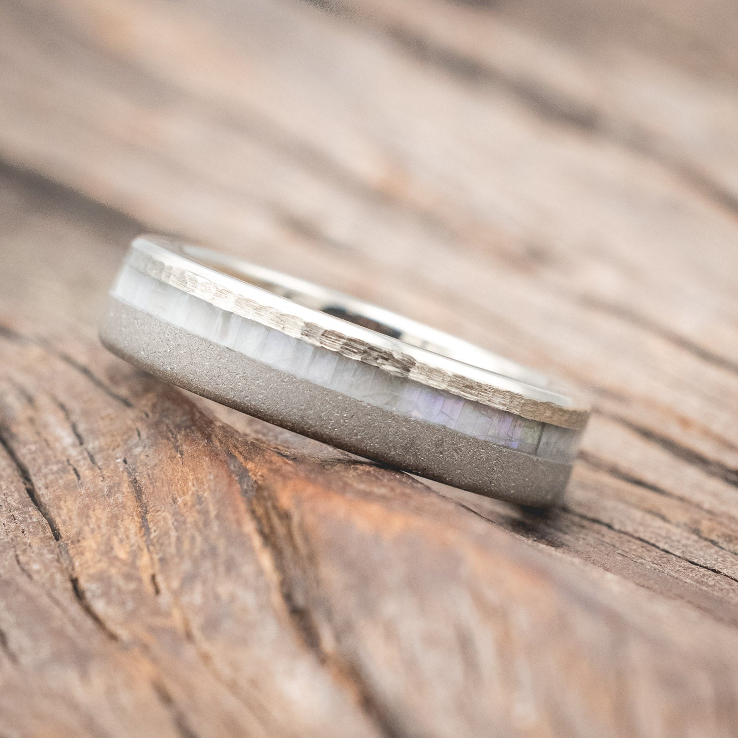 "VERTIGO" - MOTHER OF PEARL WEDDING RING WITH WHISKEY BARREL LINING FEATURING A HAMMERED & SANDBLASTED FINISH-Staghead Designs