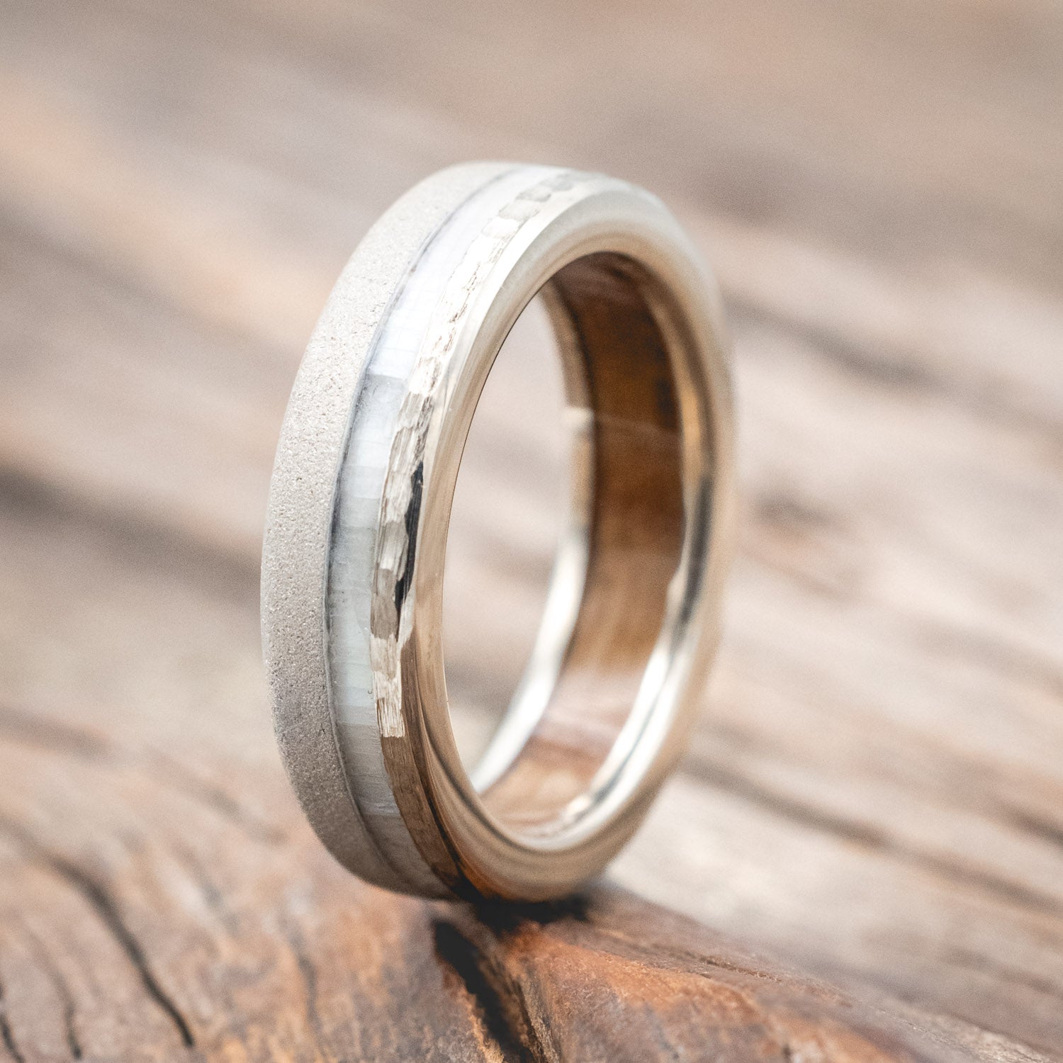 "VERTIGO" - MOTHER OF PEARL WEDDING RING WITH WHISKEY BARREL LINING FEATURING A HAMMERED & SANDBLASTED FINISH-Staghead Designs