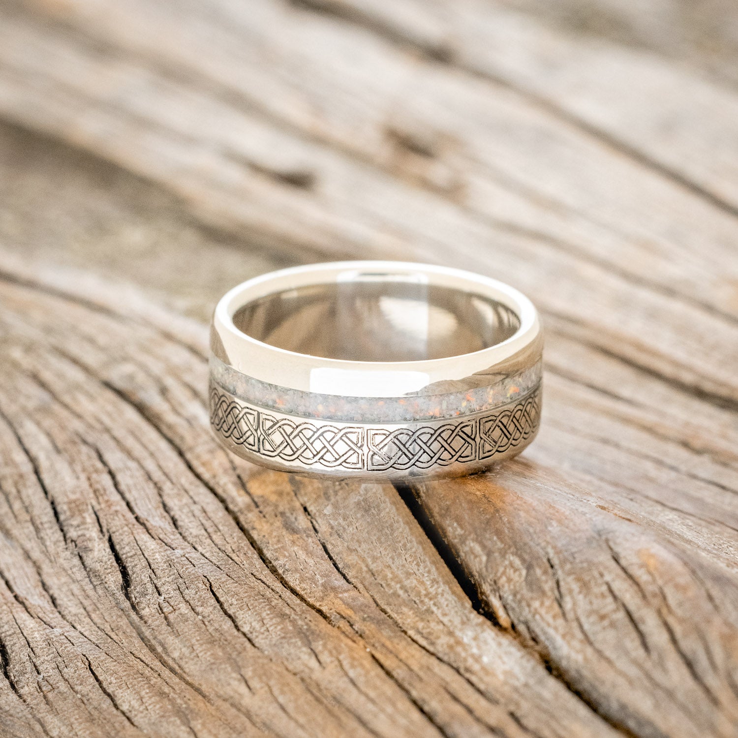 "VERTIGO" - CELTIC SAILOR'S KNOT ENGRAVED WITH FIRE & ICE OPAL WEDDING RING-9